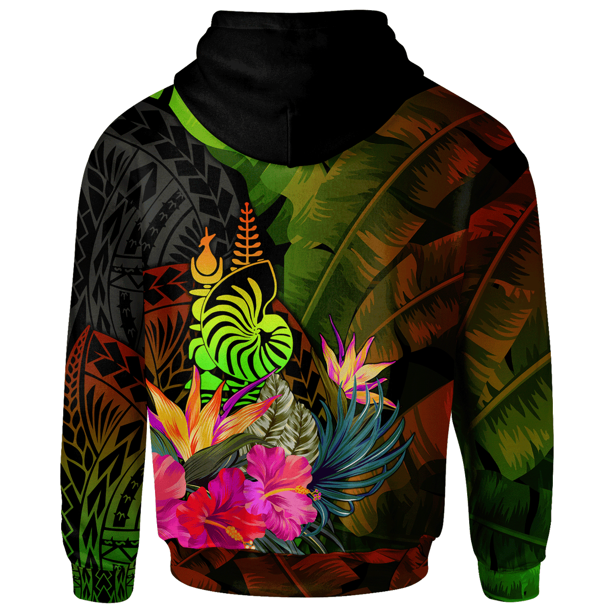 New Caledonia Polynesian Zip up Hoodie Hibiscus and Banana Leaves - Polynesian Pride