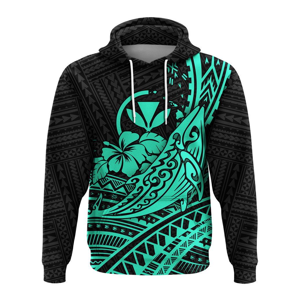 Hawaii Humpback Whale With Hibiscus Tribal Turquoise Hoodie LT12 - Polynesian Pride