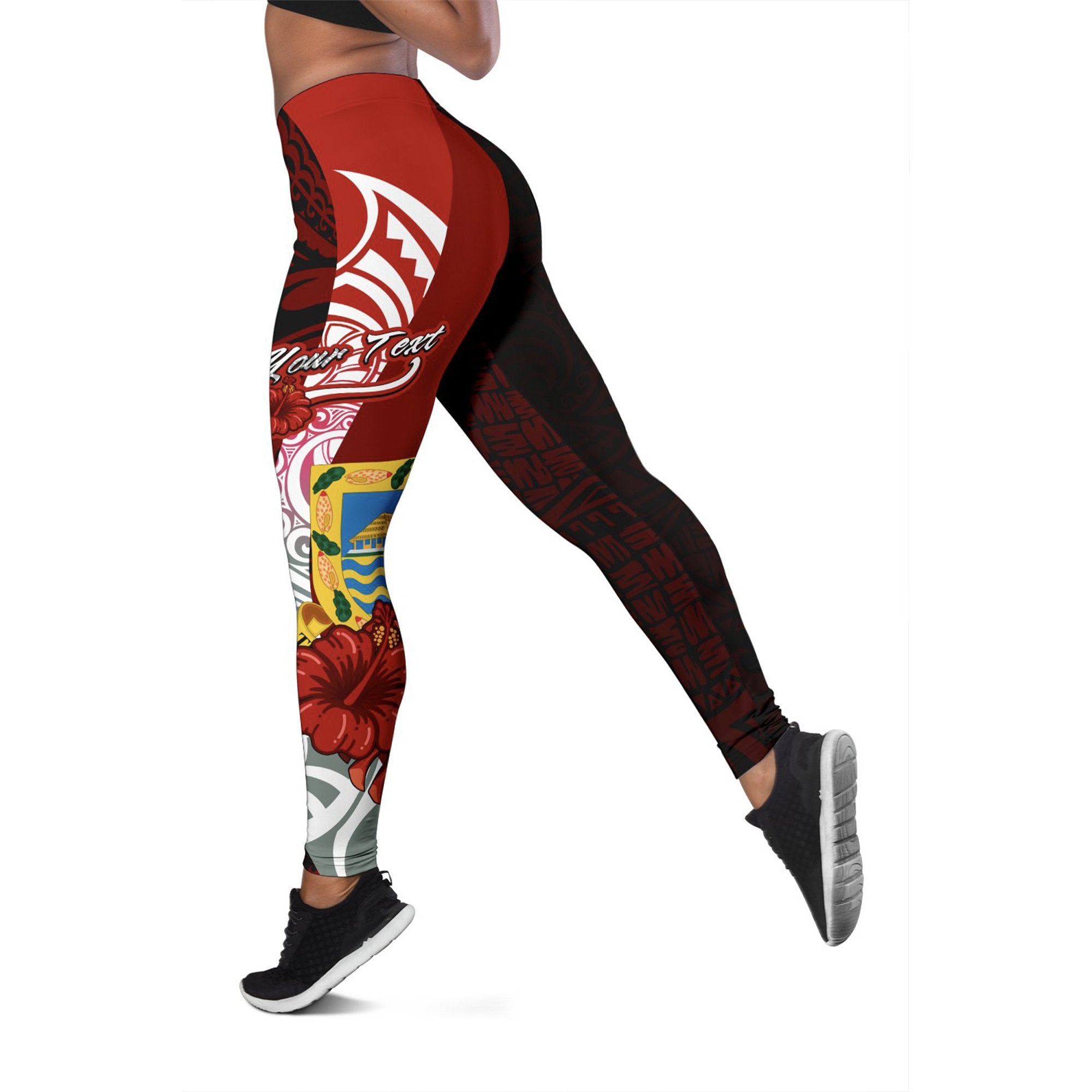 Tuvalu Polynesian Custom Personalised Legging - Coat Of Arm With Hibiscus Red - Polynesian Pride