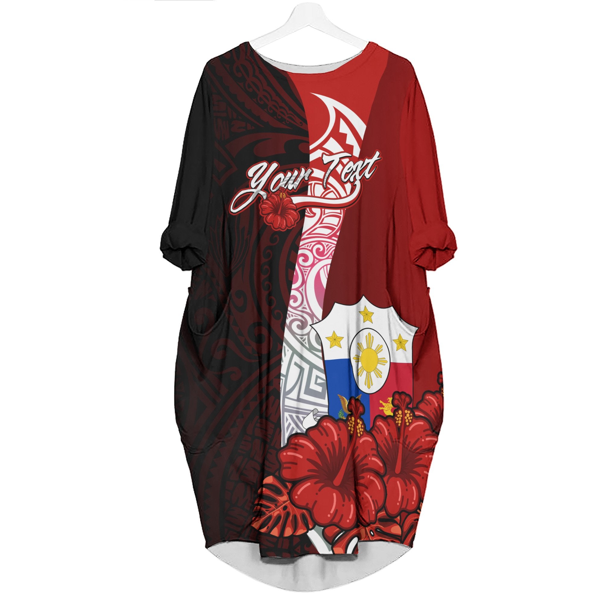 The Philippines Custom Personalised Batwing Pocket Dress - Hibiscus With Coat Of Arm Women Black - Polynesian Pride