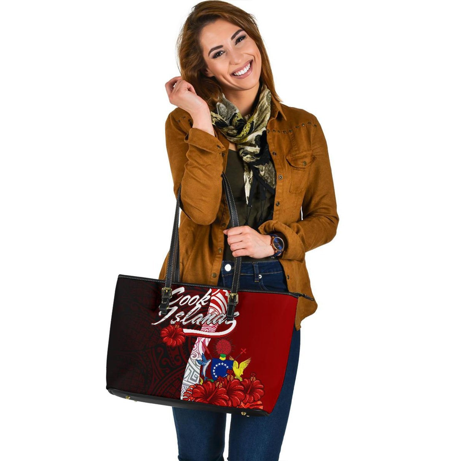 Cook Islands Polynesian Leather Tote Bag - Coat Of Arm With Hibiscus Red - Polynesian Pride