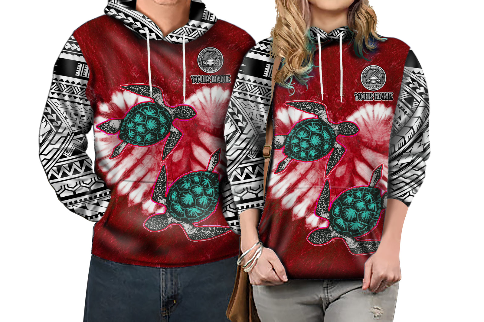 Custom American Samoa Hoodie Couple Polynesian Turtles Valentine HUSBand and WIFE Tie Dye Red LT13 6XL - Polynesian Pride