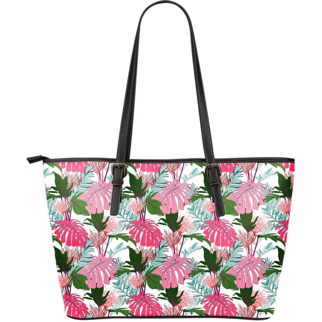 Hawaii Pink Monstera And Green Tropical Leaves White Large Leather Tote Pink - Polynesian Pride