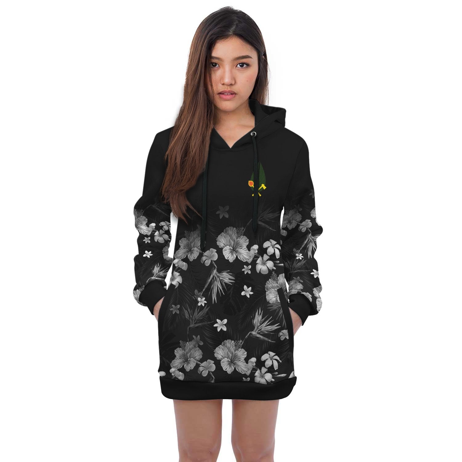 Alo Wallis and Futuna Hoodie Dress - Alo Flag Hibiscus Special Black - Polynesian Pride