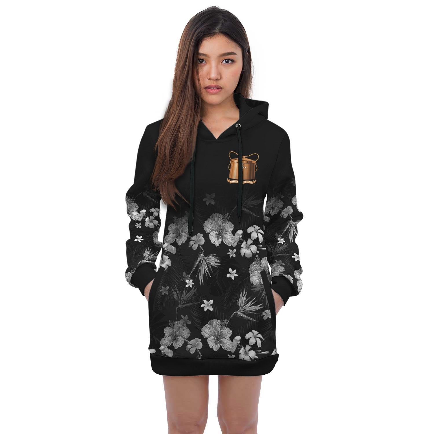 Tokelau Hoodie Dress - Tokelau Coat Of Arms Hibiscus Special Black - Polynesian Pride