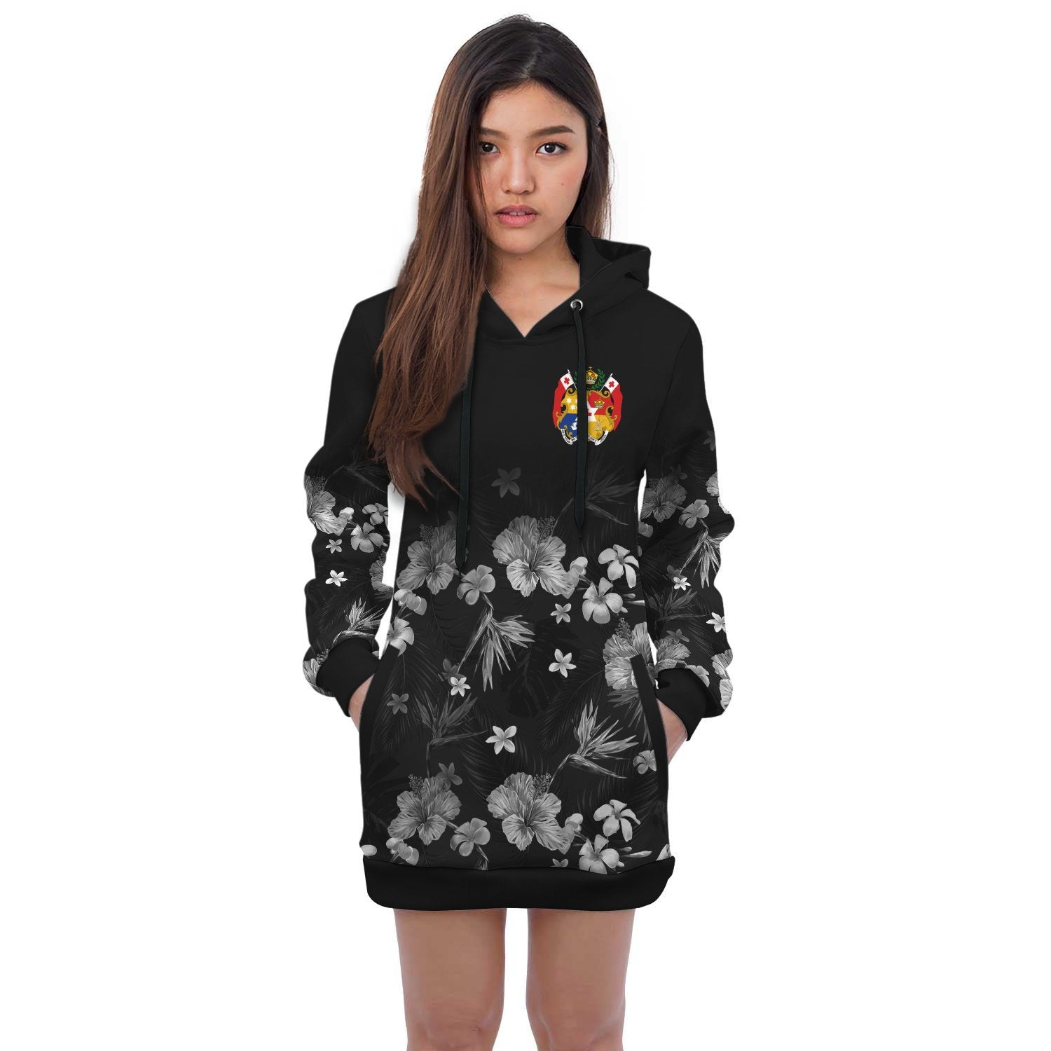 Tonga Hoodie Dress - Tonga Coat Of Arms Hibiscus Special Black - Polynesian Pride