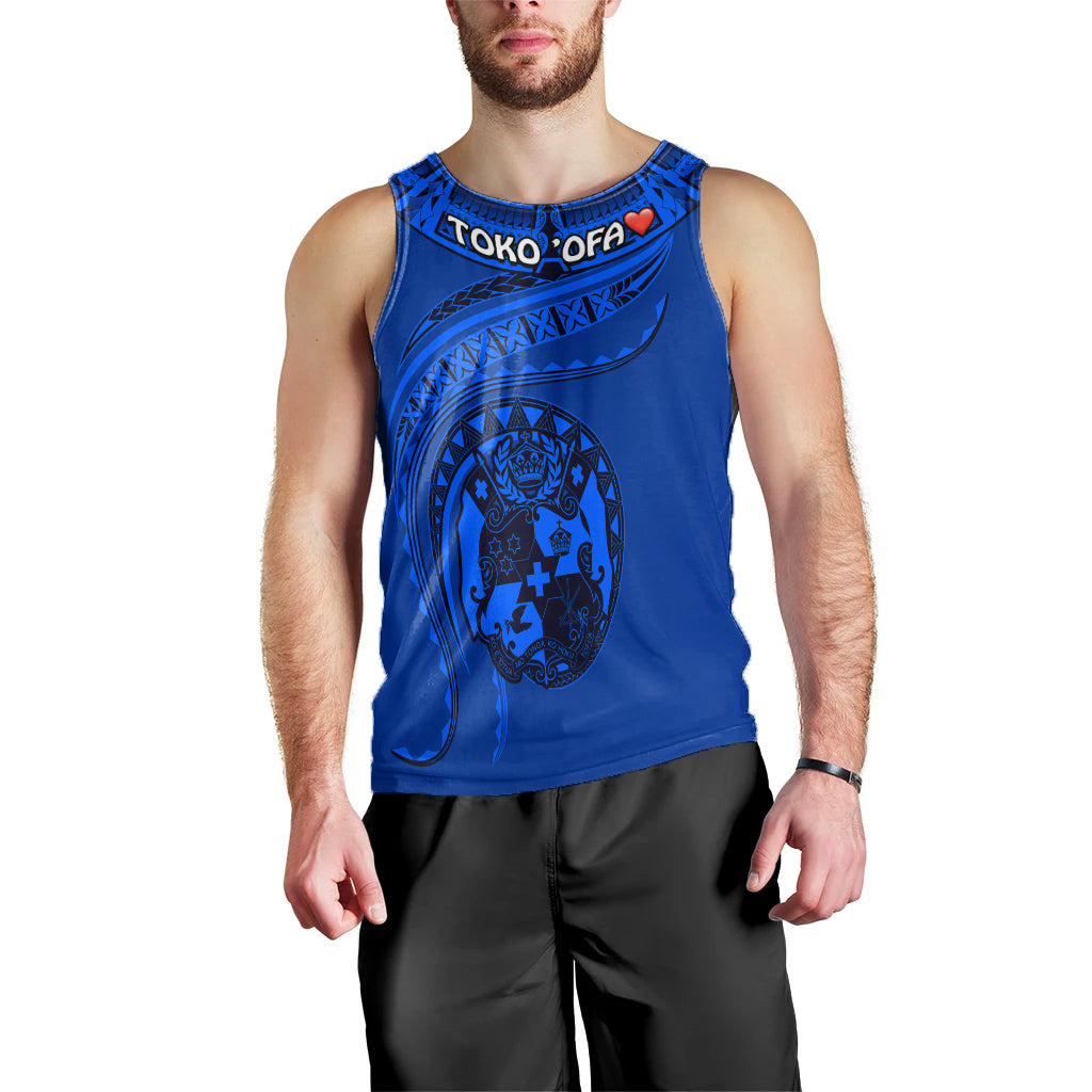 (TOKO OFA) Tonga Polynesian Men Tank Top - Tonga Waves Blue Black LT13 - Polynesian Pride