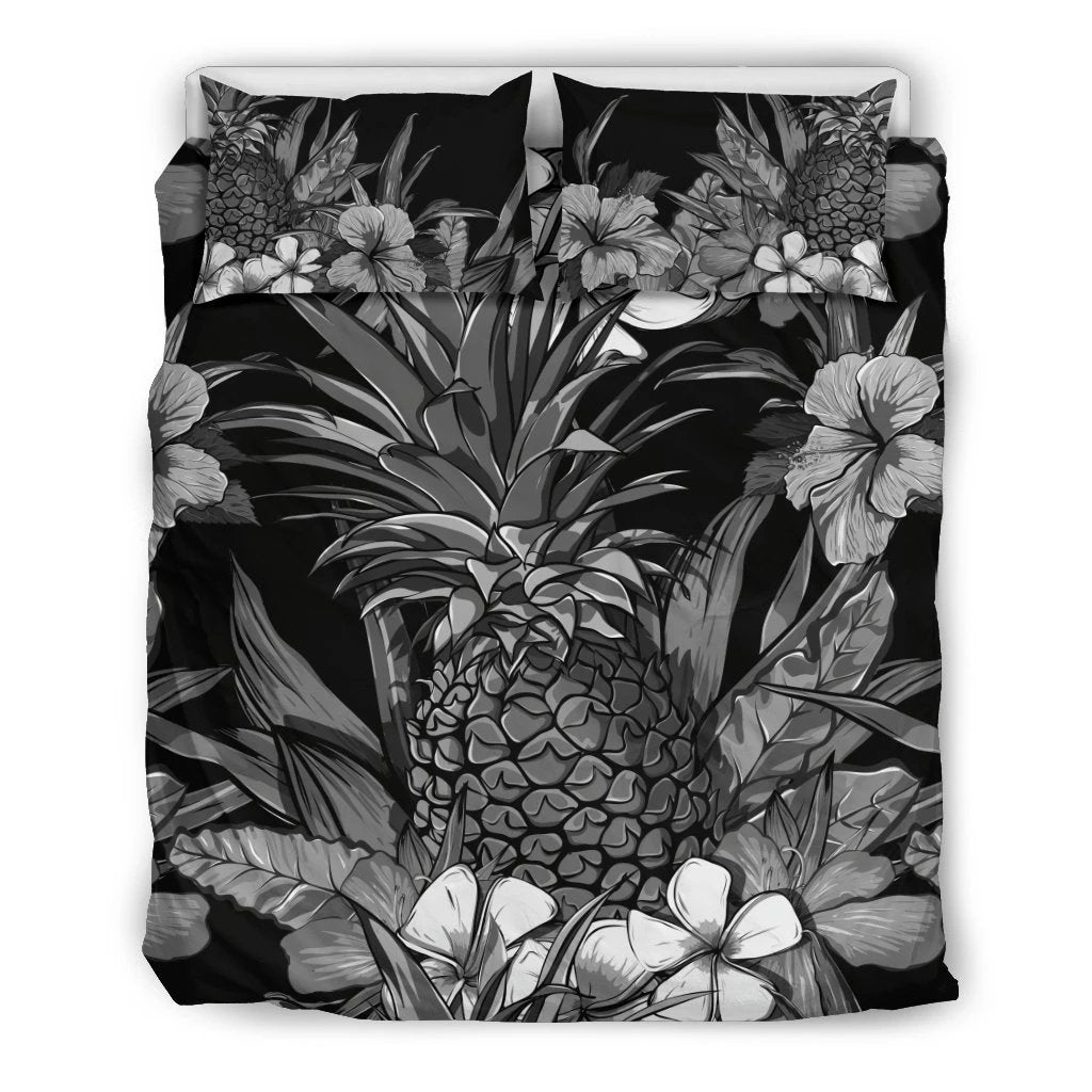 Hawaiian Hibiscus Plumeria And Pineapple Polynesian Bedding Set Black - Polynesian Pride