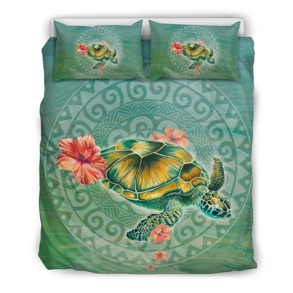 Hawaiian Turtle And Hibiscus Polynesian Bedding Set Art - Polynesian Pride