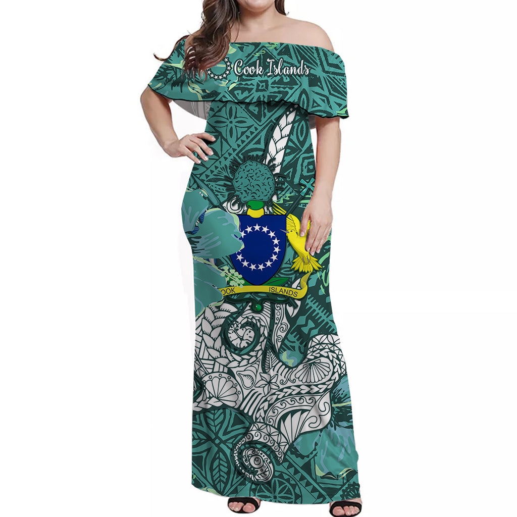 Cook Islands Off Shoulder Long Dress Hammerhead Shark Blue LT13 Long Dress Blue - Polynesian Pride