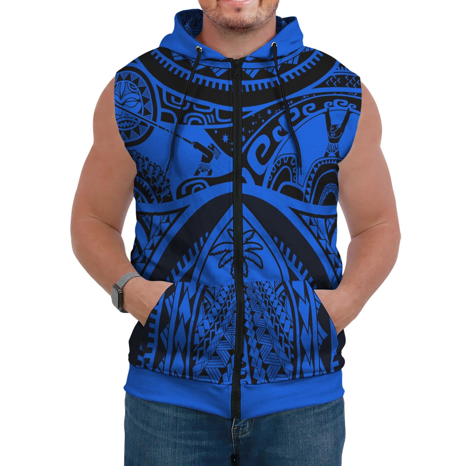 Polynesian Sleeveless Hoodie Guam Flag, Seal with Maui Moana Tattoo Unisex Blue - Polynesian Pride