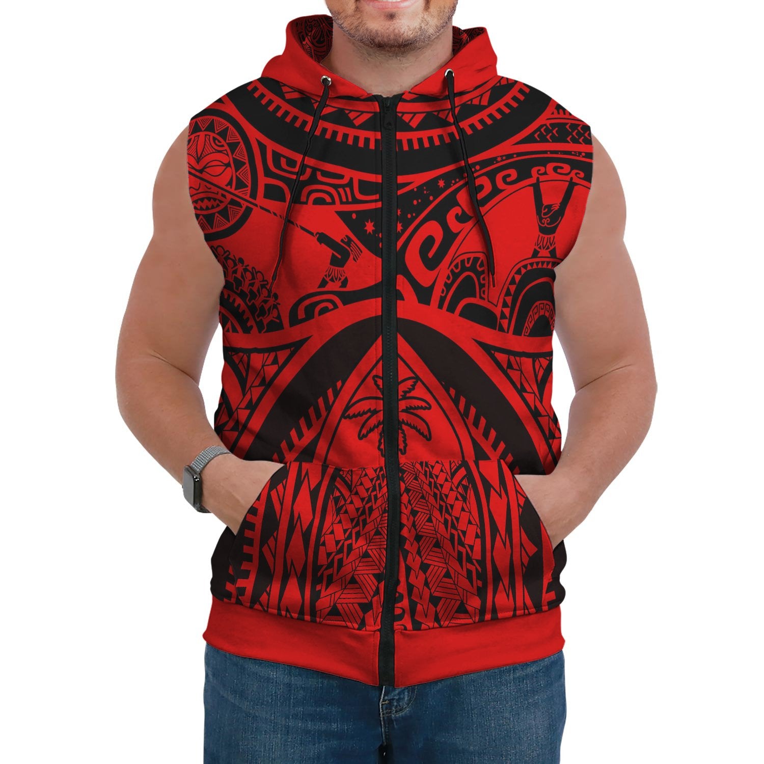 Polynesian Sleeveless Hoodie Guam Flag, Seal with Maui Moana Tattoo Unisex Red - Polynesian Pride