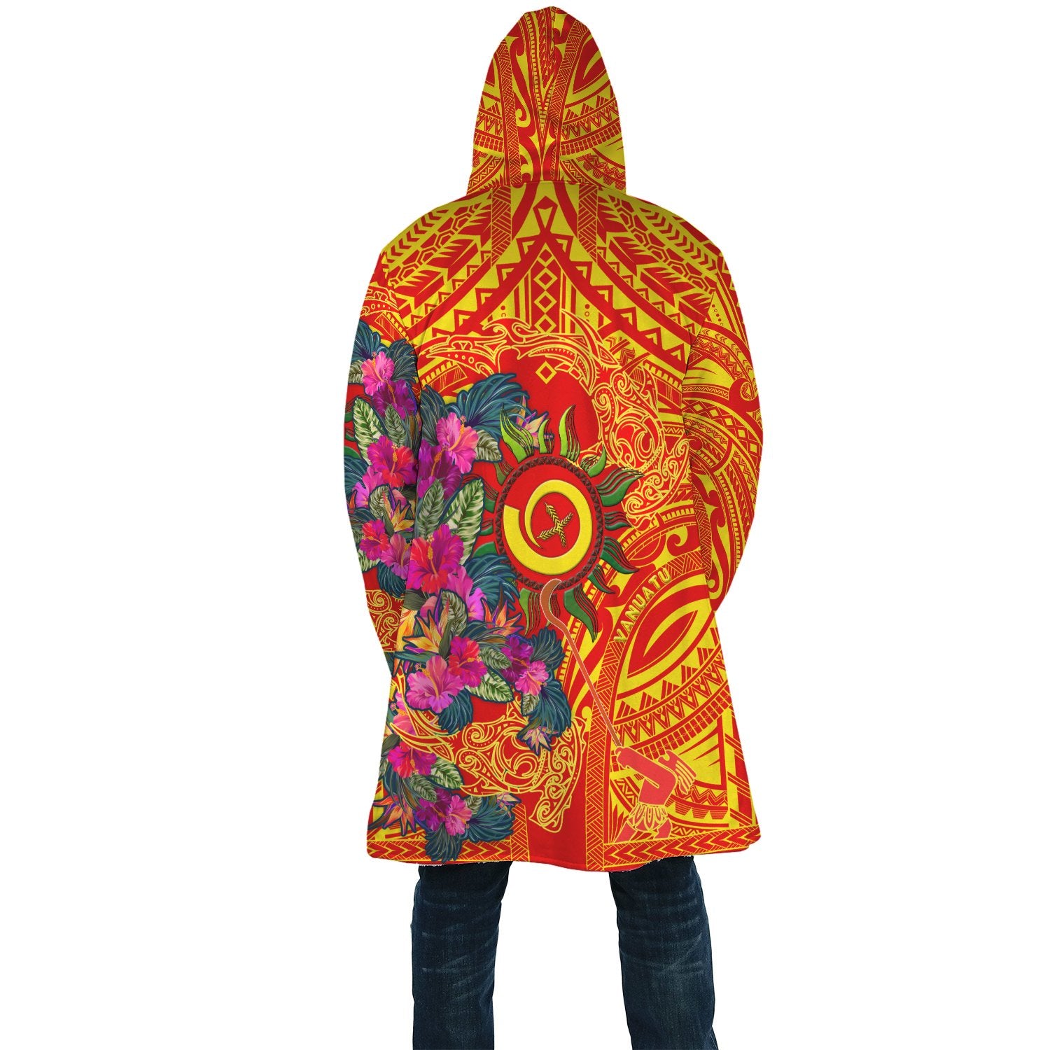 Polynesian Cloak - Vanuatu Symbols With Hibiscus Unisex Red - Polynesian Pride