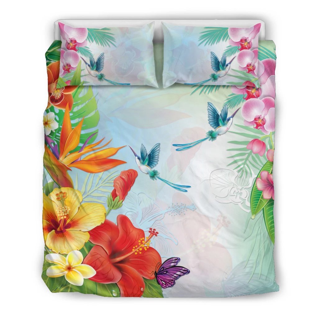 Hawaiian Orchids Strelitzia Hibiscus Plumeria Hummingbirds Polynesian Bedding Set Black - Polynesian Pride