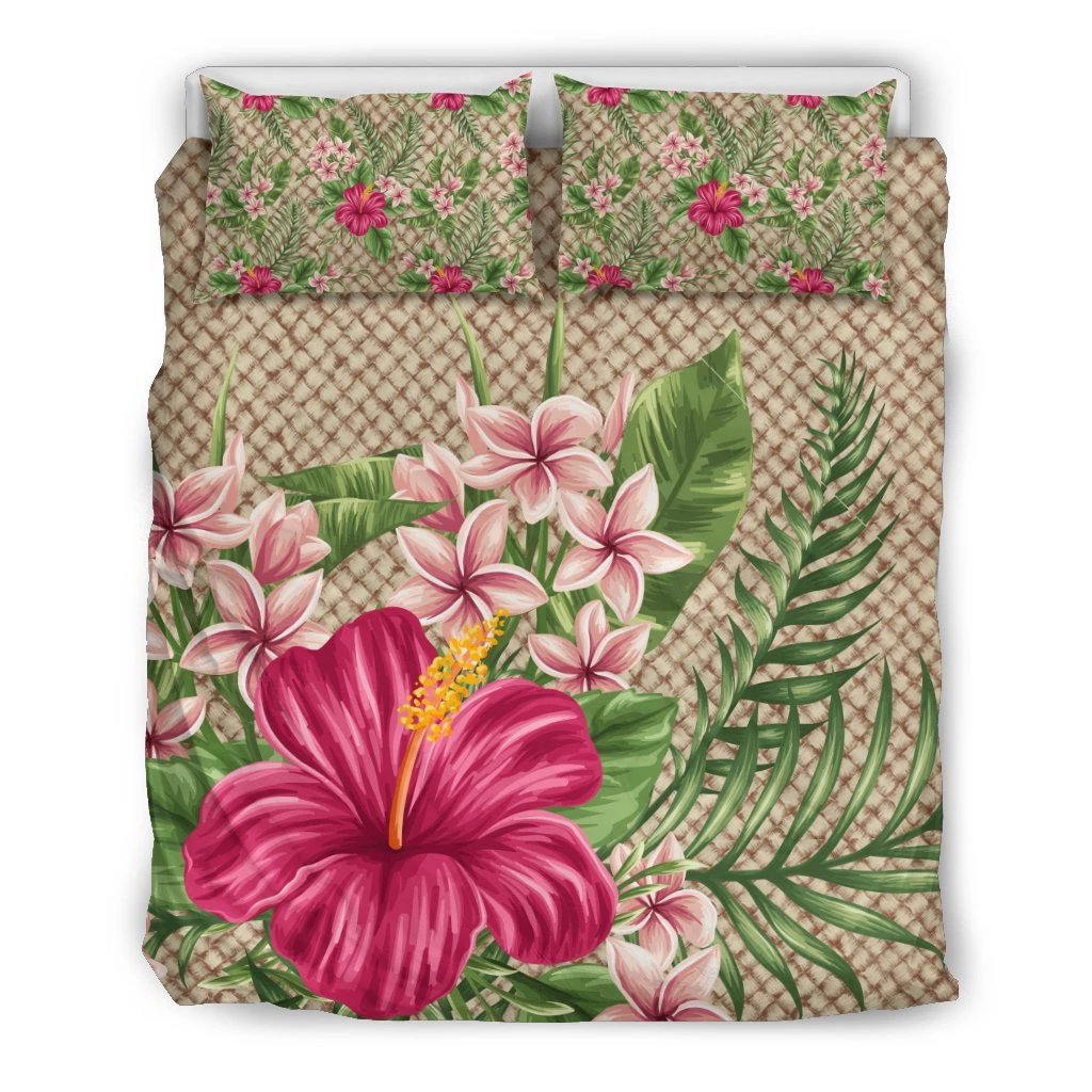 Hawaiian Hibiscus Plumeria Palm Leaves Lauhala Background Polynesian Bedding Set Art - Polynesian Pride