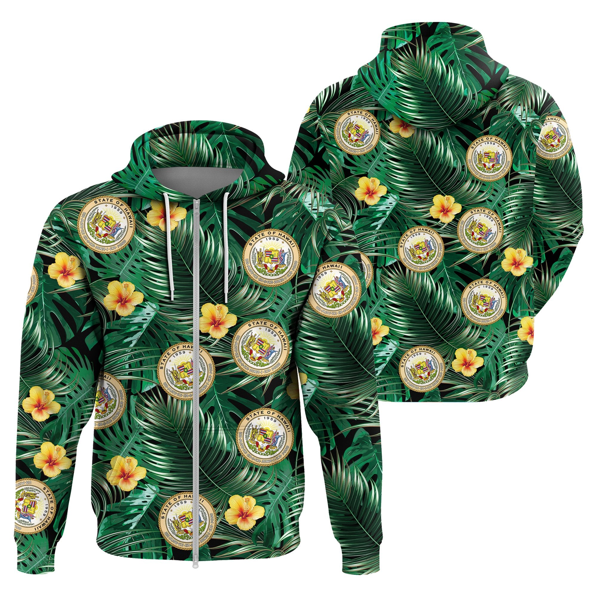 Hawaii Map Coat of Arms Tropical Summer Style Zip Hoodie Green - Polynesian Pride