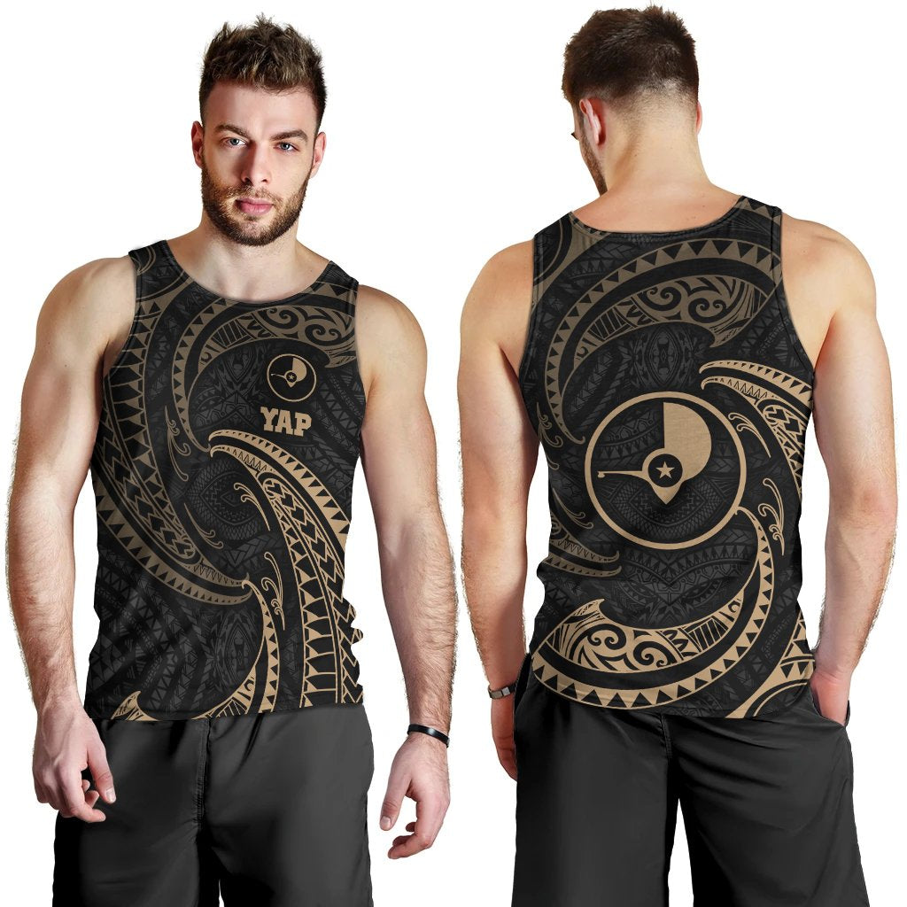 Yap Micronesia Men's Tank Top - Gold Tribal Wave Black - Polynesian Pride