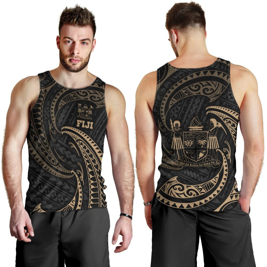 Fiji Polynesian Men's Tank Top - Gold Tribal Wave Black - Polynesian Pride