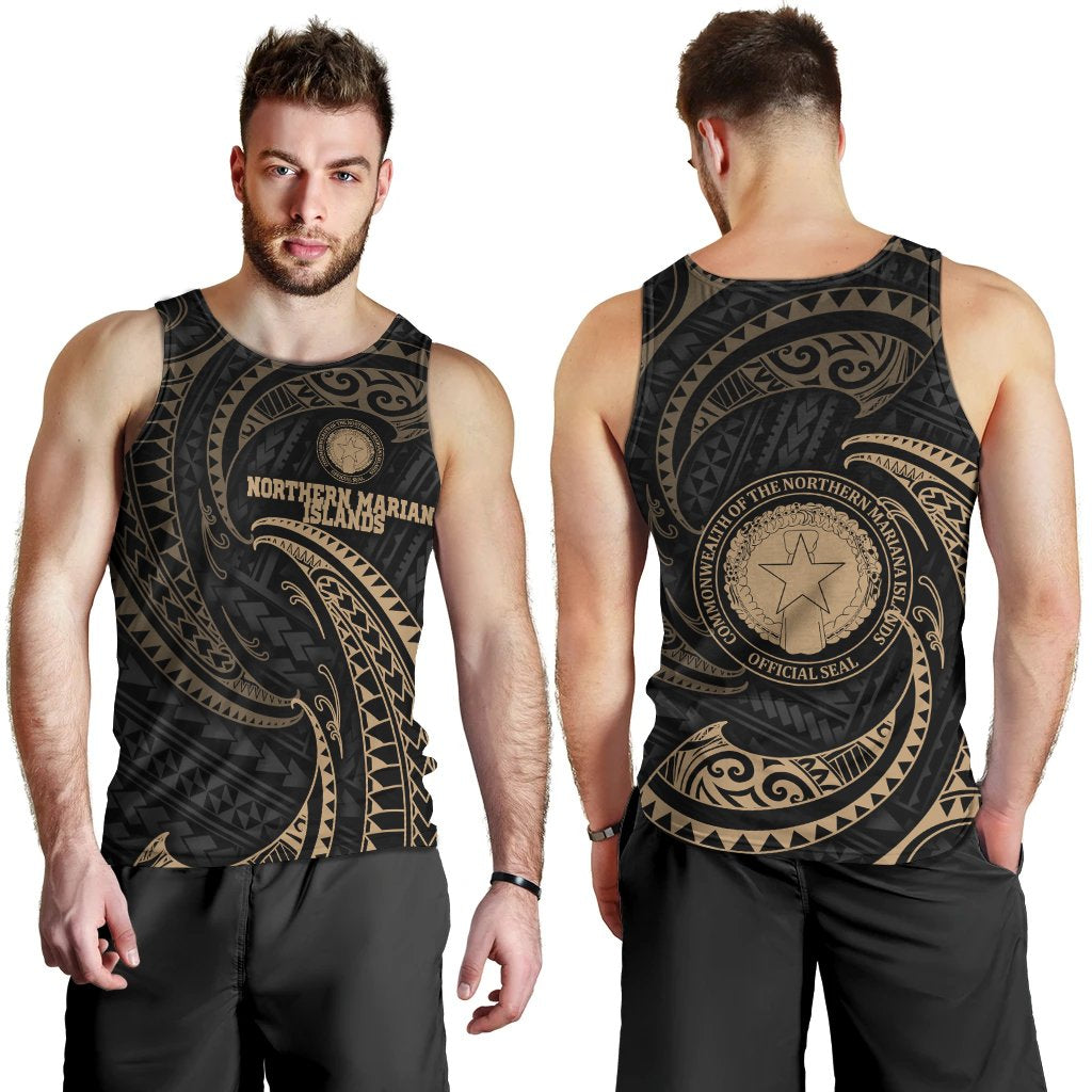 Northern Mariana Islands Polynesian Men's Tank Top - Gold Tribal Wave Black - Polynesian Pride