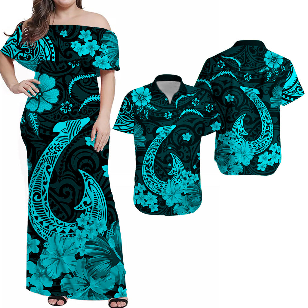Hawaii Matching Polynesia Tribal Fish Hook Turquoise Hawaii Dress and Hawaiian Shirt LT13 Turquoise - Polynesian Pride