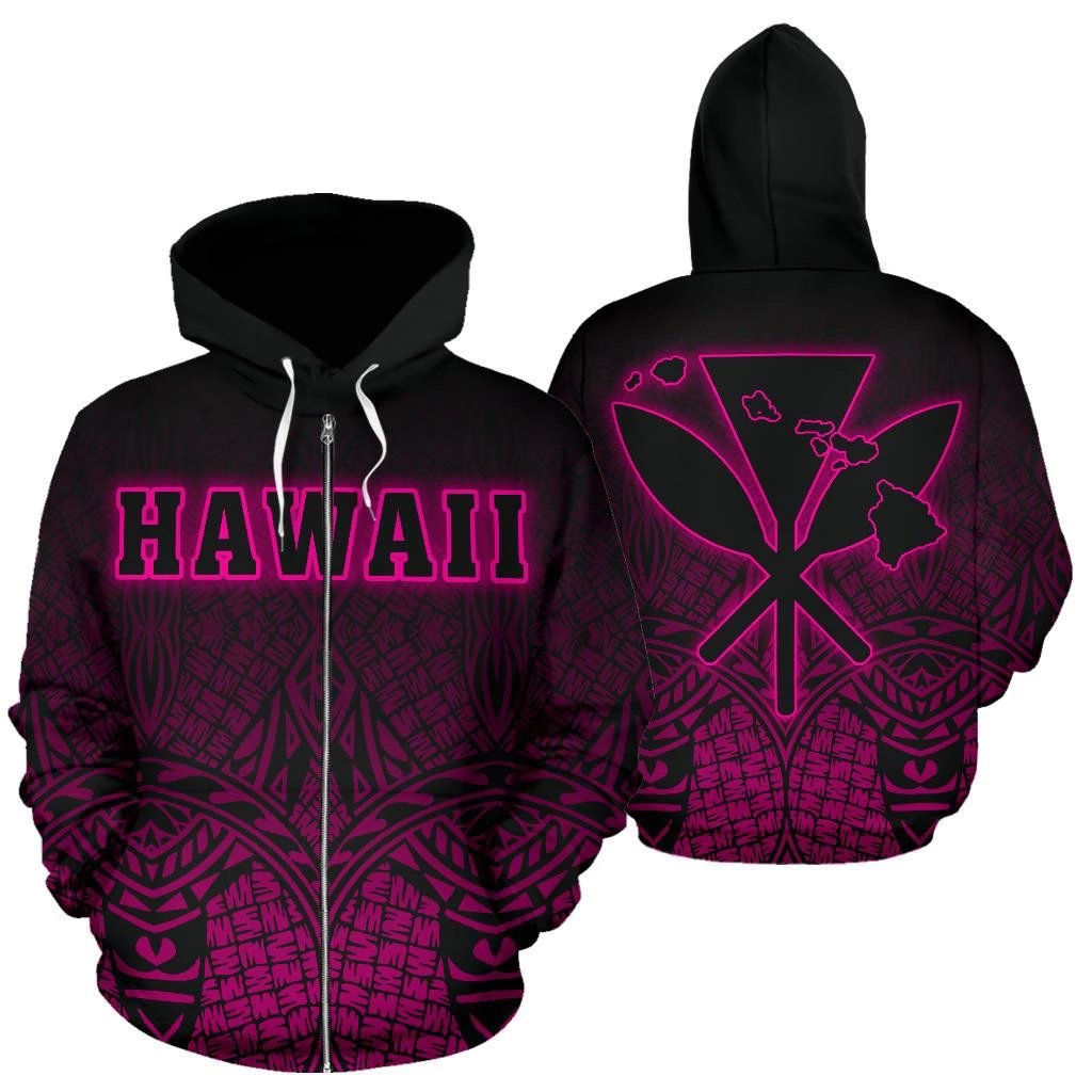 Hawaii Kanaka Polynesian Zipper Hoodie Pink Neon Style Unisex Pink - Polynesian Pride