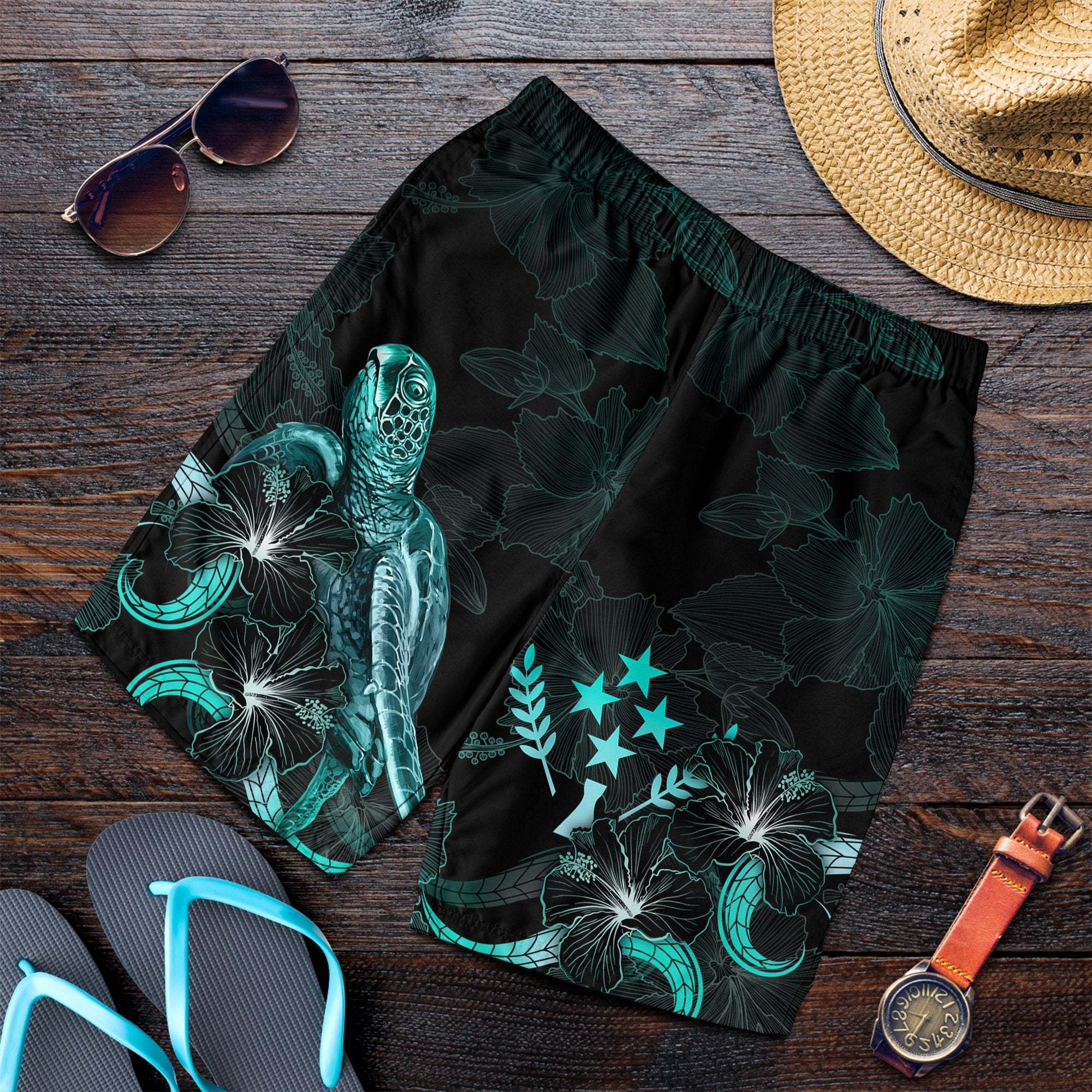 Kosrae Polynesian Men's Shorts - Turtle With Blooming Hibiscus Turquoise Turquoise - Polynesian Pride