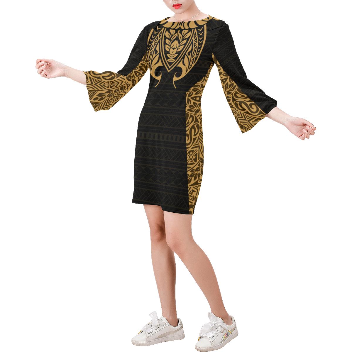 Polynesian Bell Sleeve Dress - Yellow Polynesian Pattern Women Black - Polynesian Pride