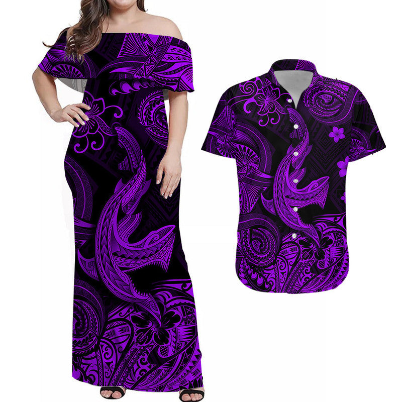 Hawaii Angry Shark Polynesian – Couples Matching Maxi Dress & Hawaiian Shirt – Purple LT8 Purple - Polynesian Pride