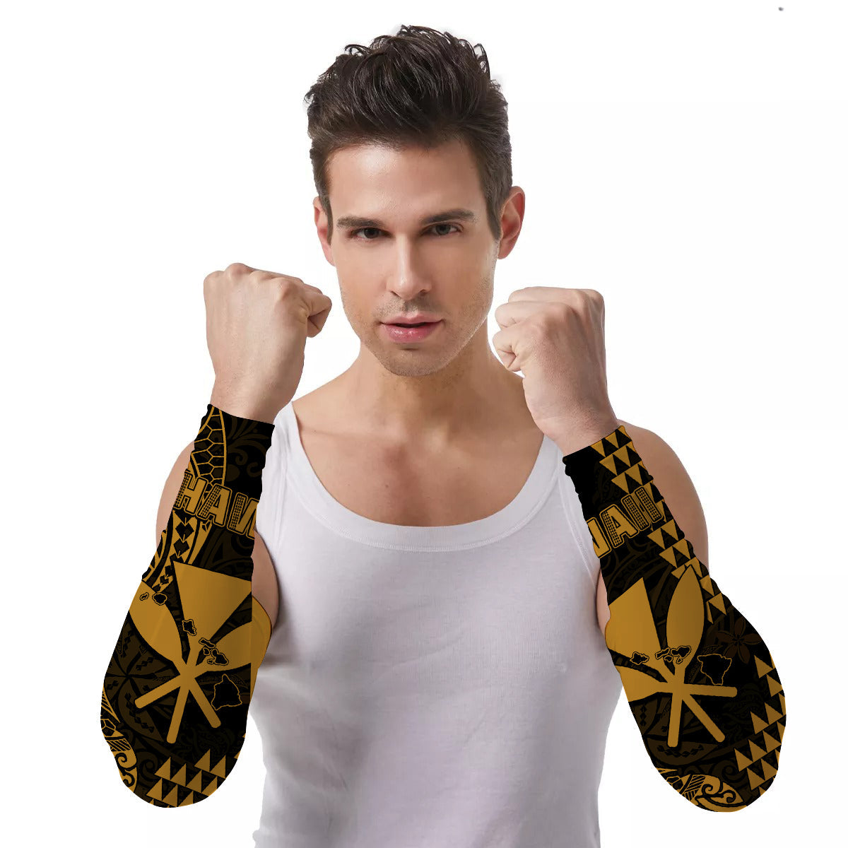 Arm Sleeves (Set of Two) Hawaii Day Kakau Proud To Be Hawaiian Kanaka Maoli Ver.06 LT13 Set of 2 Gold - Polynesian Pride