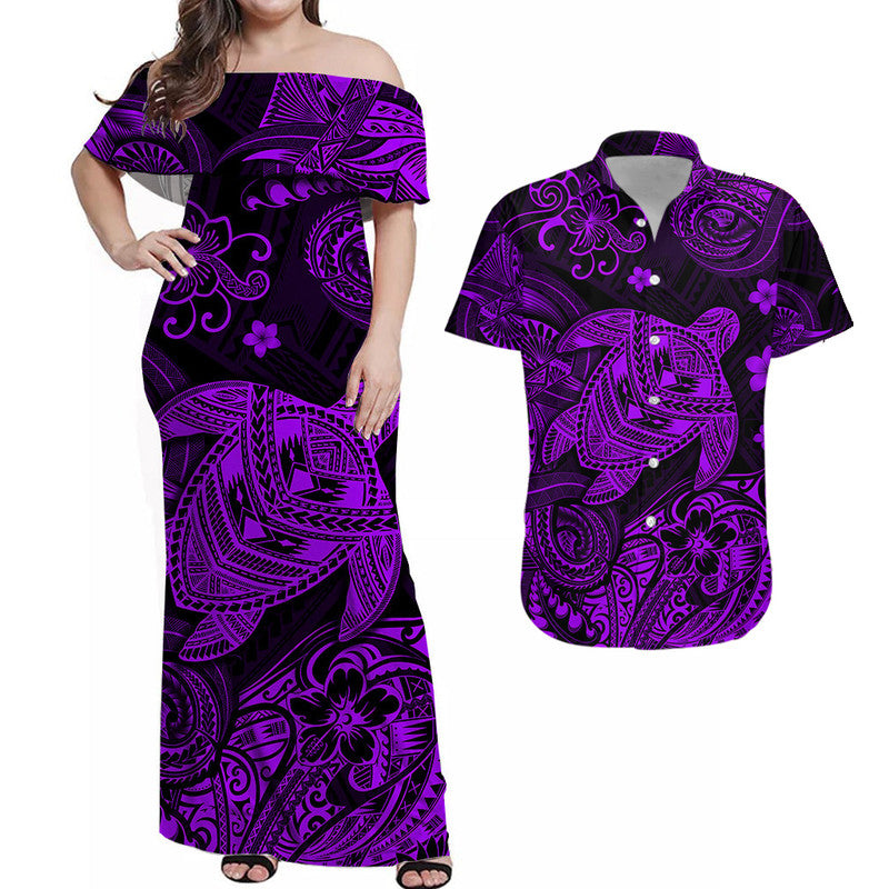Hawaii Turtle Polynesian Matching Dress and Hawaiian Shirt Matching Couples Outfit Plumeria Flower Unique Style Purple LT8 Purple - Polynesian Pride