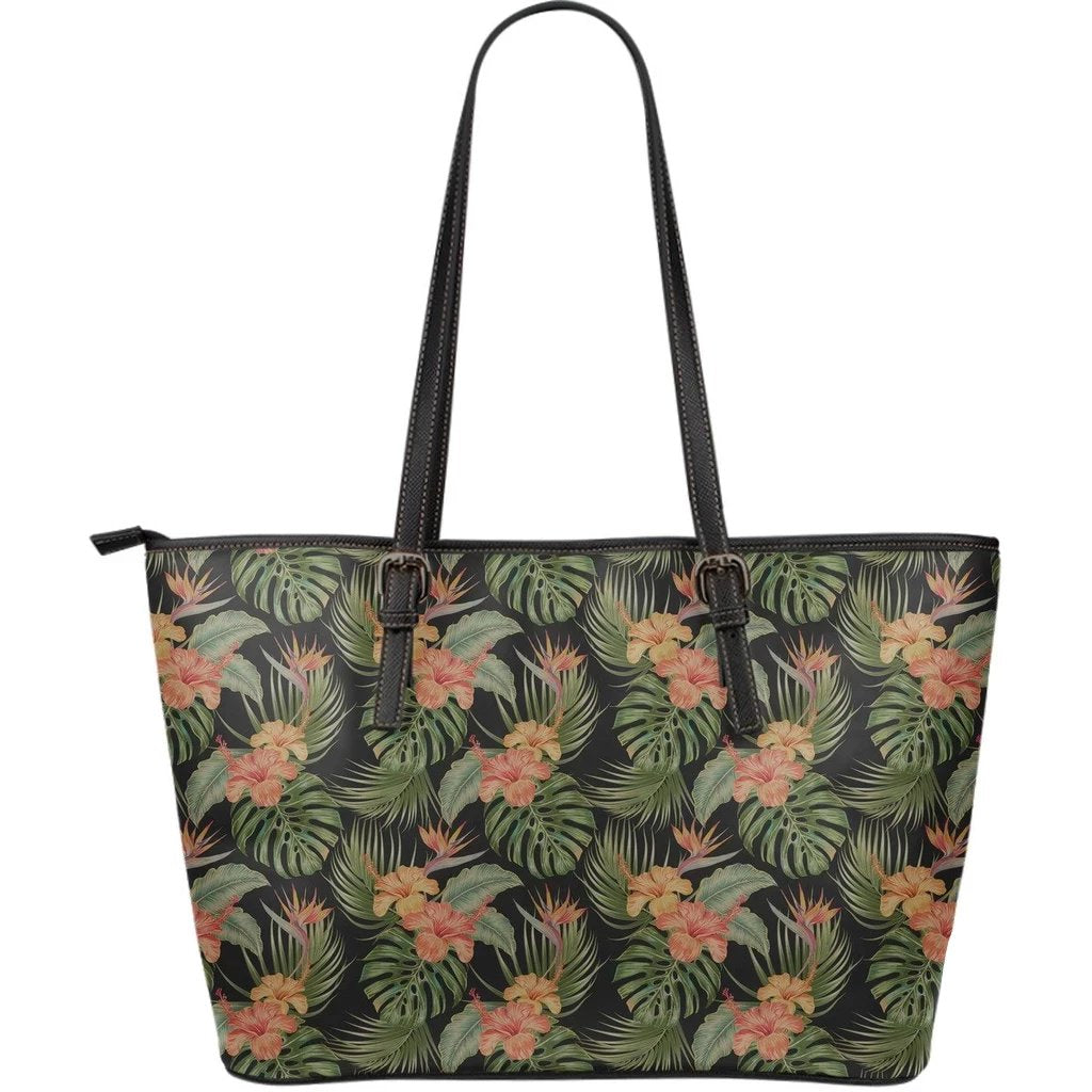 Hawaii Tropical Hibiscus Monstera Leaf Large Leather Tote Green - Polynesian Pride