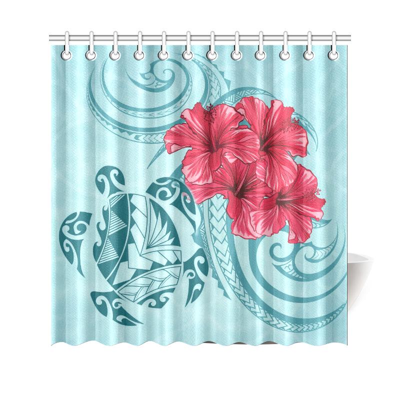 Hawaii Polynesian Turtle Hibiscus Blue Shower Curtain - Bless Style 177 x 172 (cm) Blue - Polynesian Pride