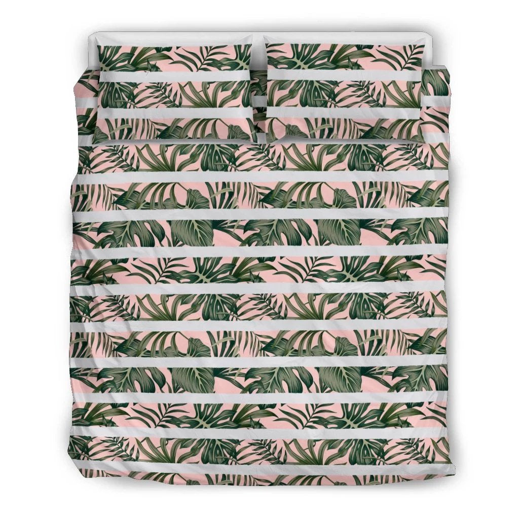 Hawaiian Tropical Green Leaves Seamless White Stripes Pink Background Polynesian Bedding Set Black - Polynesian Pride