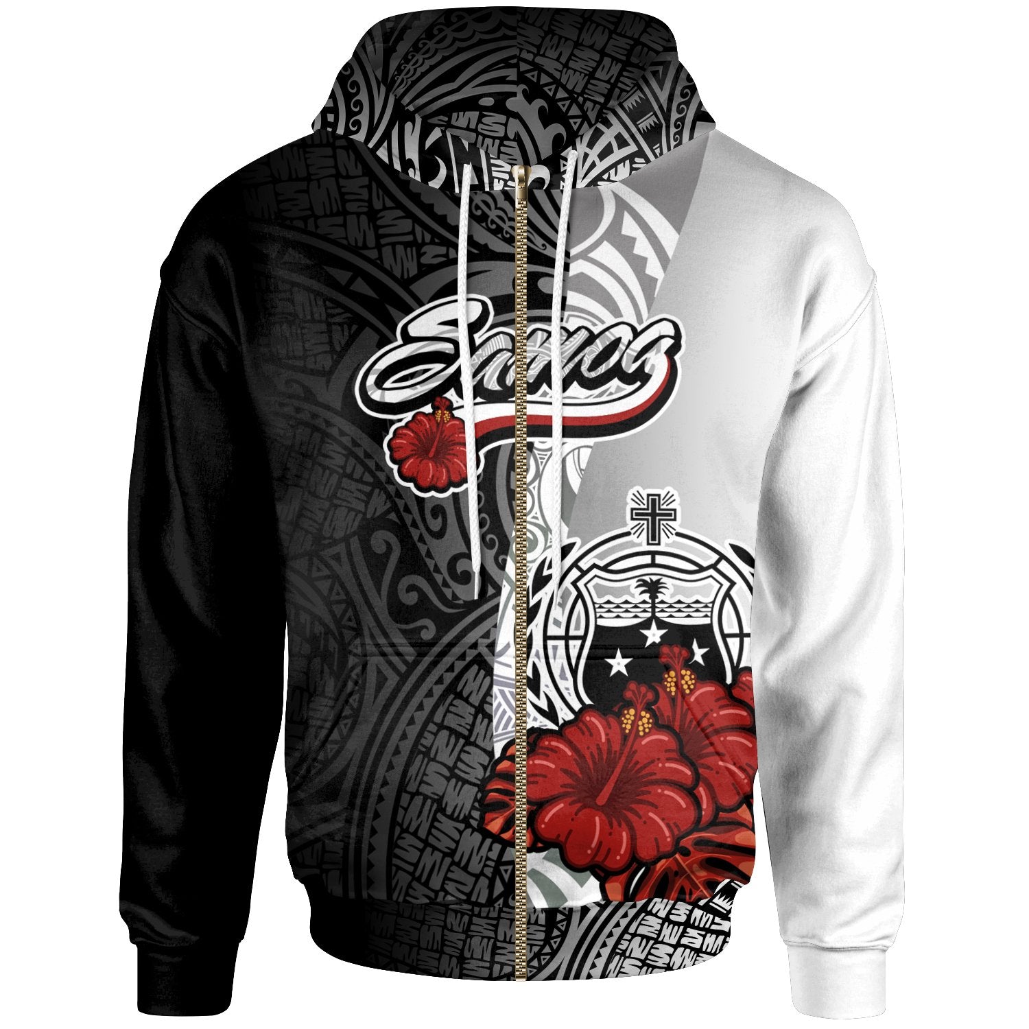 Samoa Polynesian Zip up Hoodie Coat of Arm With Hibiscus White Unisex White - Polynesian Pride