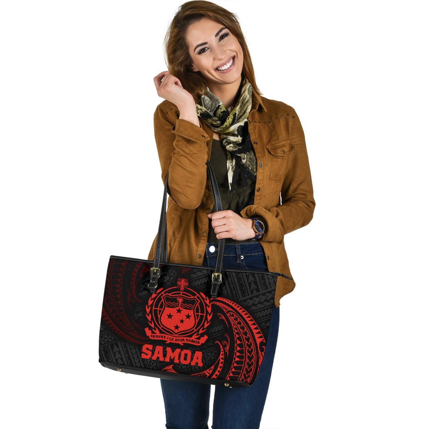 Samoa Polynesian Large Leather Tote Bag - Red Tribal Wave Red - Polynesian Pride