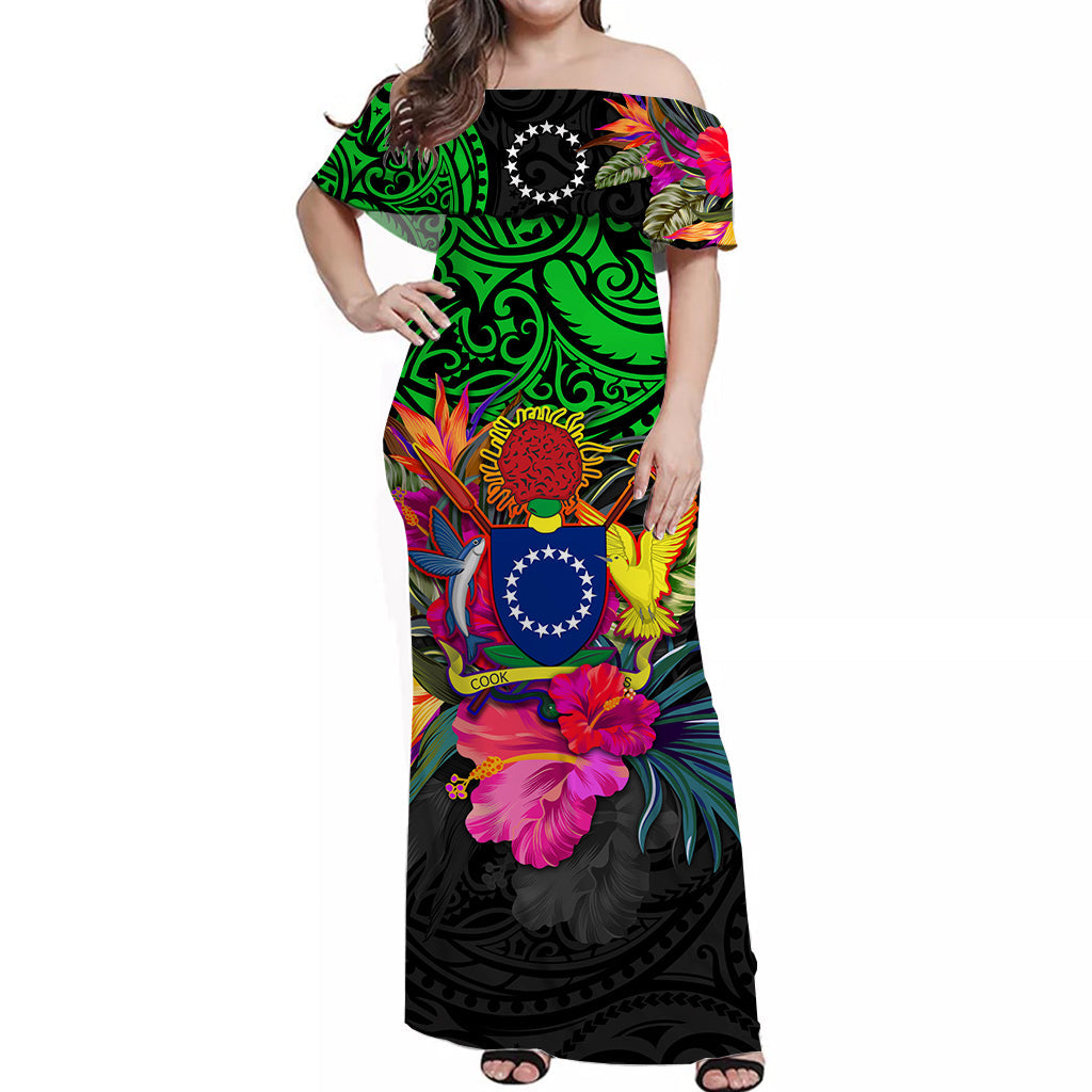 Cook Islands Off Shoulder Long Dress Alluring Polynesia and Tropical Flowers LT13 Women Black - Polynesian Pride