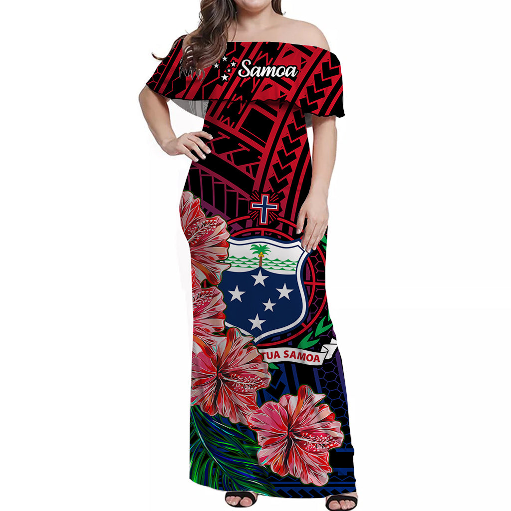 Samoa Off Shoulder Long Dress Hibiscus Flowers Speical LT13 Women Blue - Polynesian Pride