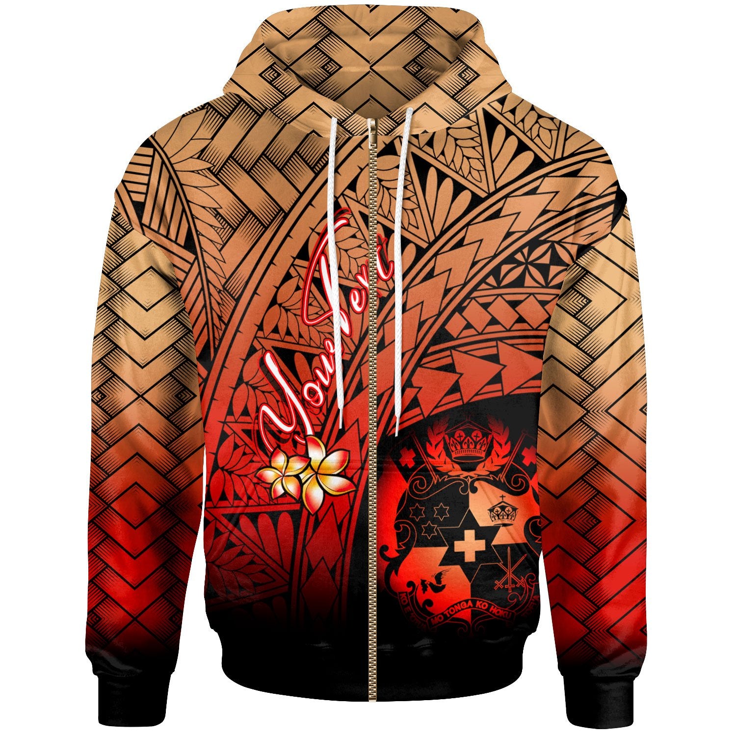 Tonga Polynesian Custom Zip Hoodie Plumeria Tattoo Tribal Unisex Red - Polynesian Pride