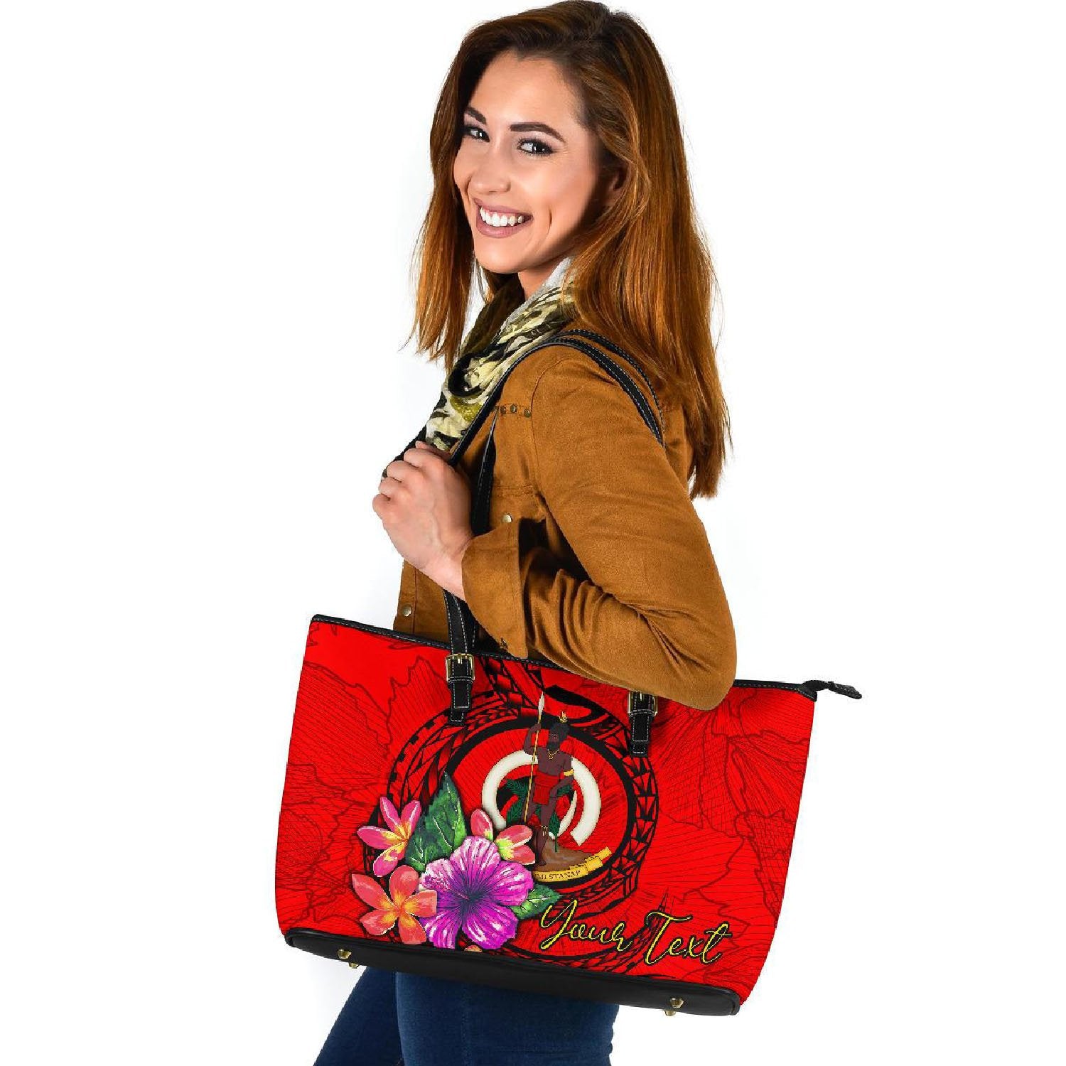 Vanuatu Polynesian Custom Personalised Large Leather Tote - Floral With Seal Red Red - Polynesian Pride