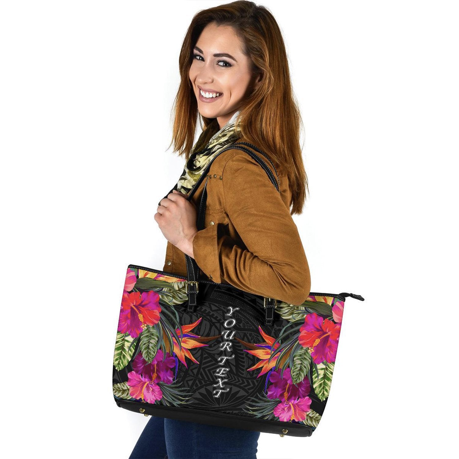 Polynesian Custom Personalised Leather Tote Bags - Hibiscus Pattern Black - Polynesian Pride