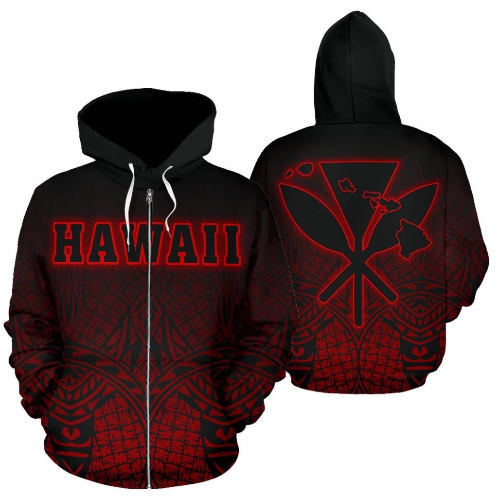 Hawaii Kanaka Polynesian Zipper Hoodie Red Neon Style Unisex Red - Polynesian Pride