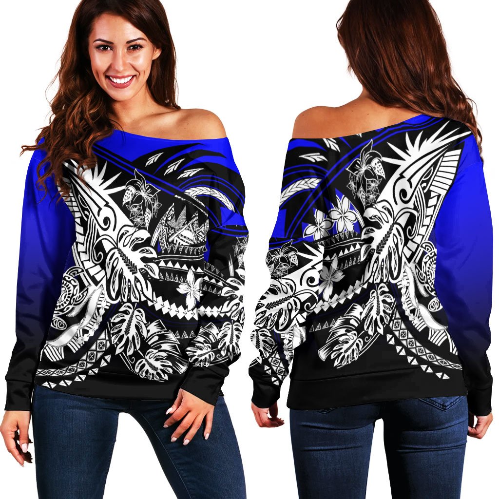 American Samoa Women's Off Shoulder Sweaters - Tribal Jungle Pattern Blue Color Blue - Polynesian Pride