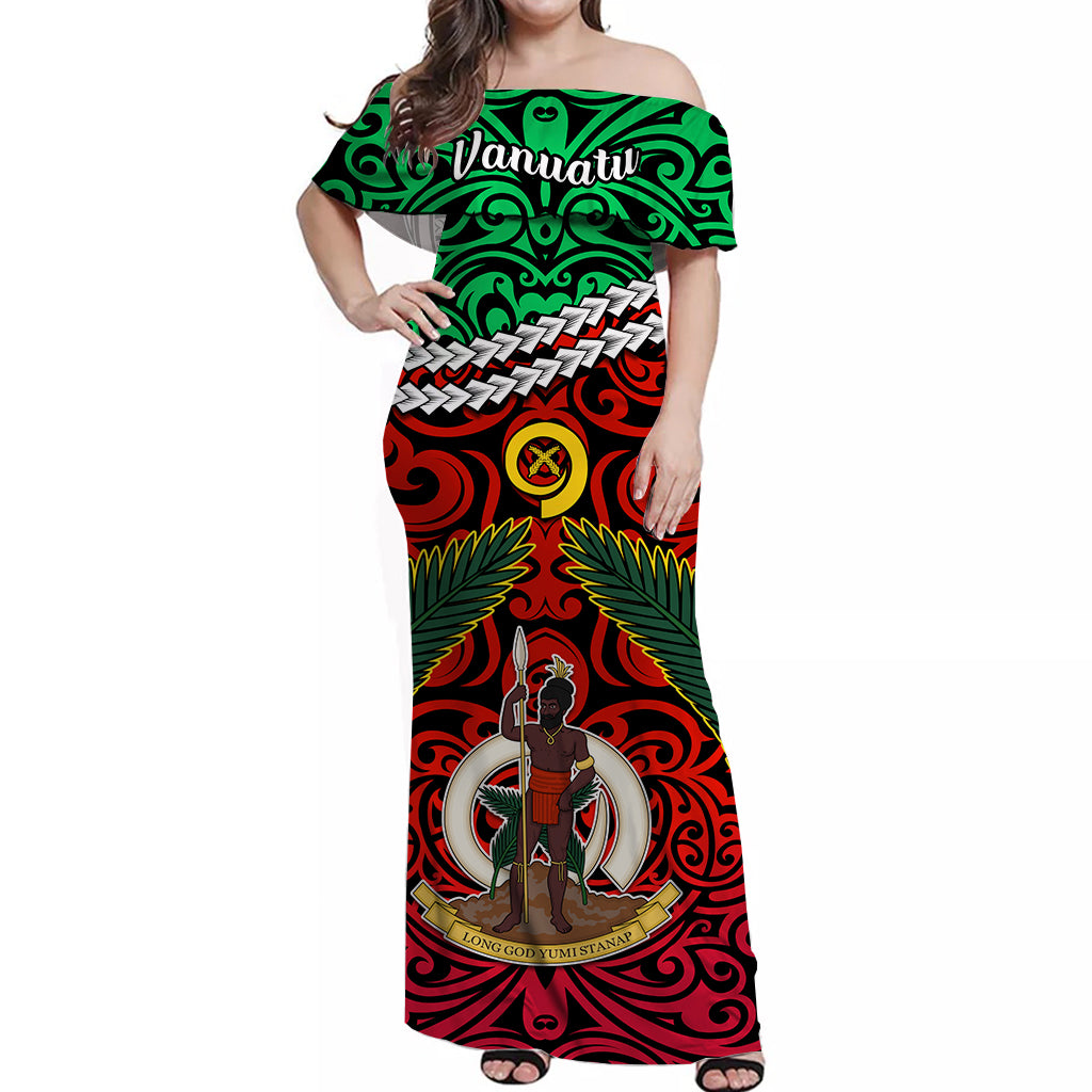 Vanuatu Off Shoulder Long Dress Simple Version 02 LT13 Long Dress Green - Polynesian Pride