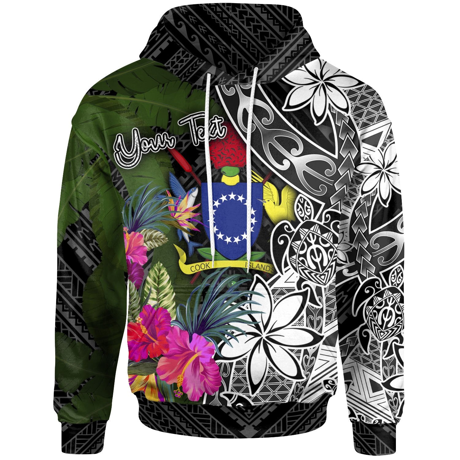 Cook Islands Custom Hoodie Turtle Plumeria Banana Leaf Black - Polynesian Pride