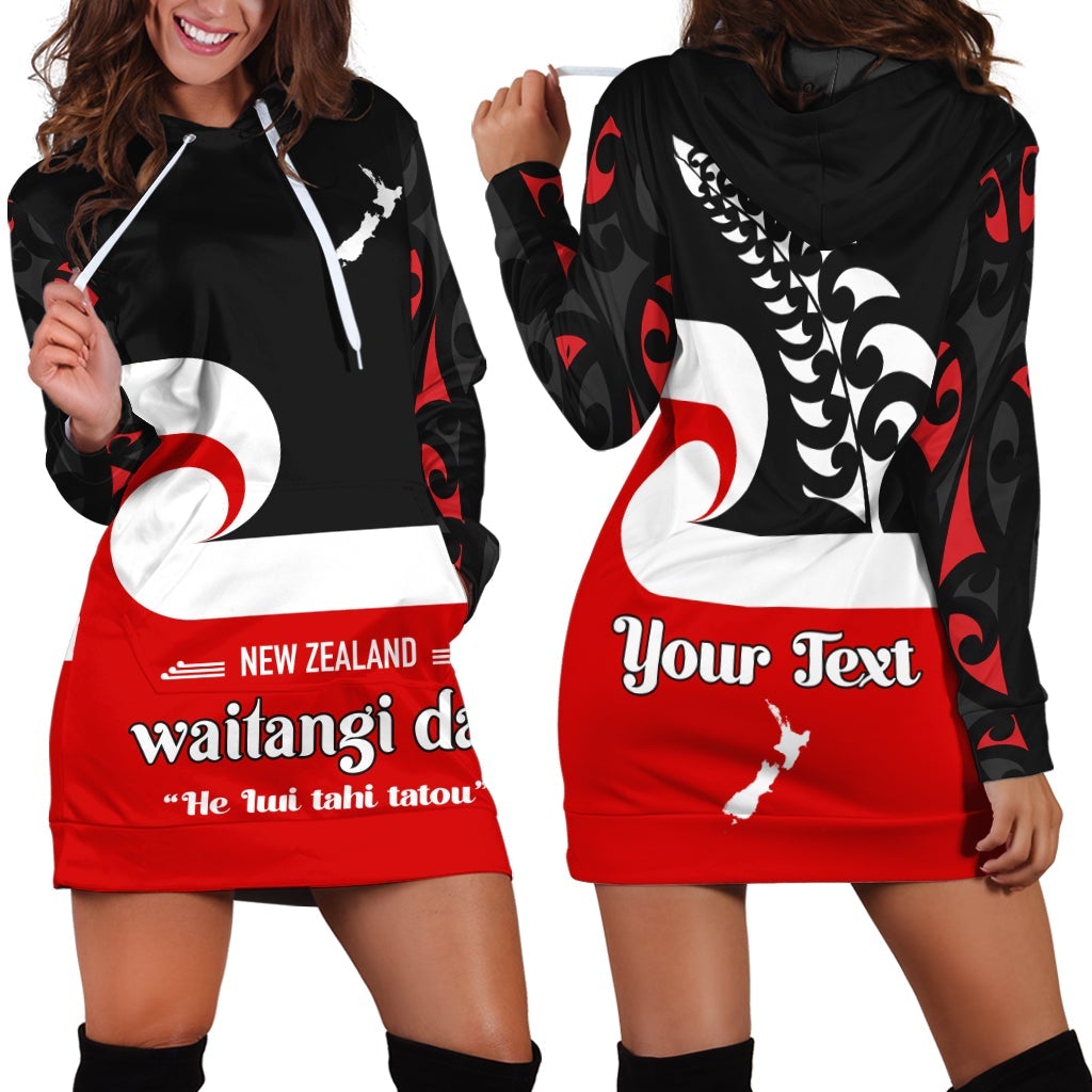 (Custom Personalised) Waitangi Day Hoodie Dress Maori Fern and Tino Rangatiratanga Flag LT13 Hoodie Dress Black - Polynesian Pride