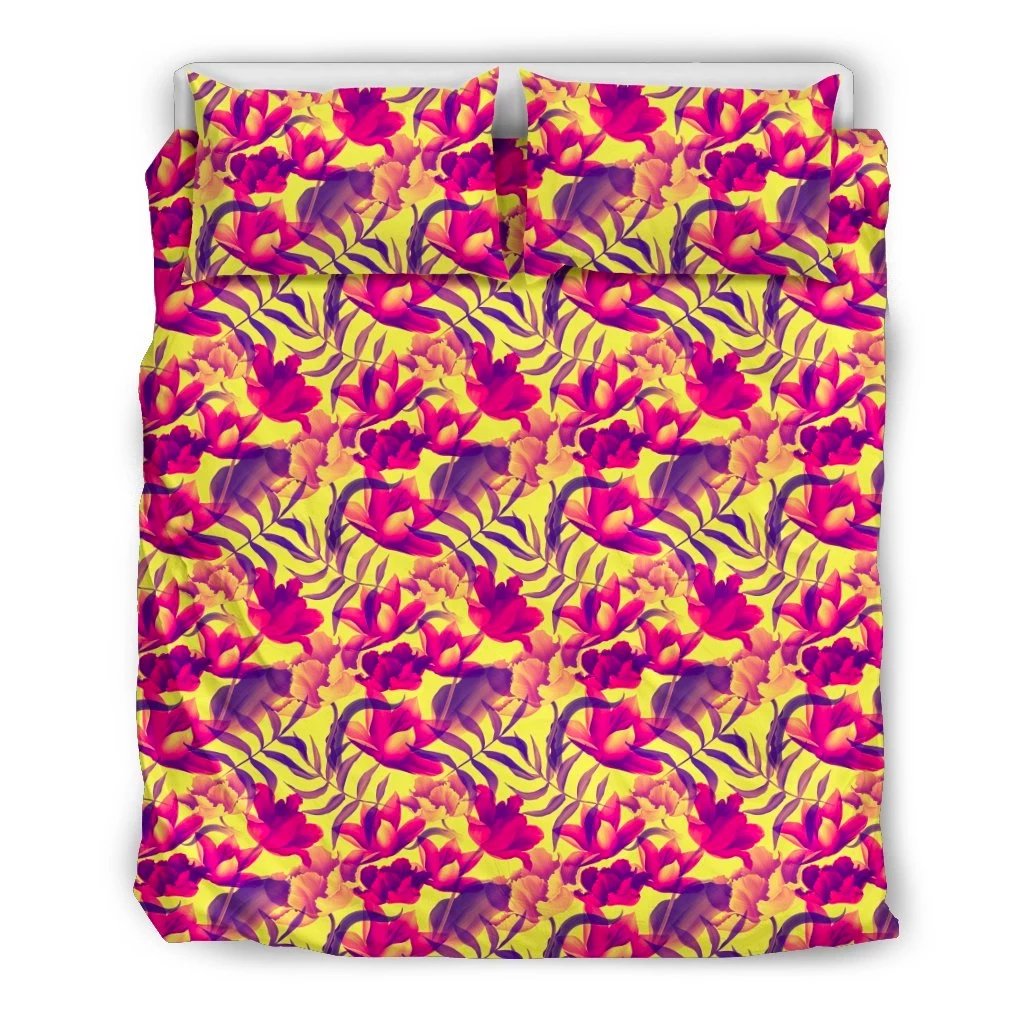 Hawaiian Seamless Tropical Flower Plant Pattern Background Polynesian Bedding Set Black - Polynesian Pride