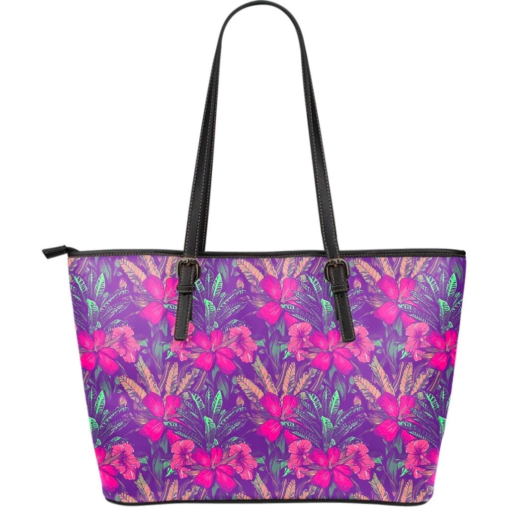 Hawaii Tropical Hibiscus Purple Large Leather Tote Pink - Polynesian Pride