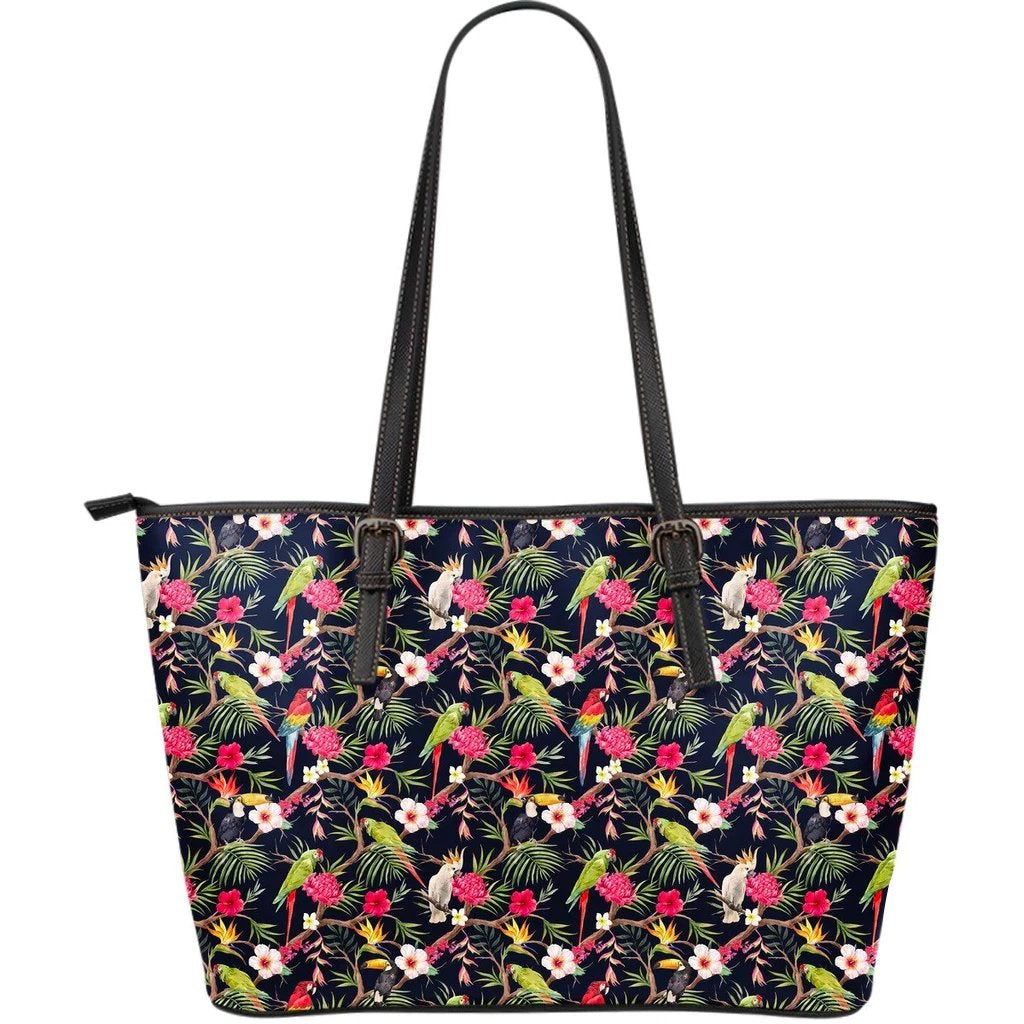 Hawaii Tropical Hibiscus, Strelitzia Palm Leaves Large Leather Tote Red - Polynesian Pride