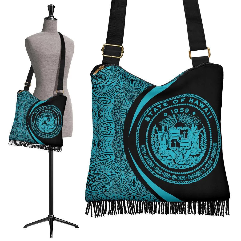 Hawaii Coat Of Arms Polynesian Crossbody Boho Handbag - Circle Style Blue Crossbody Boho Handbag One Size Black - Polynesian Pride