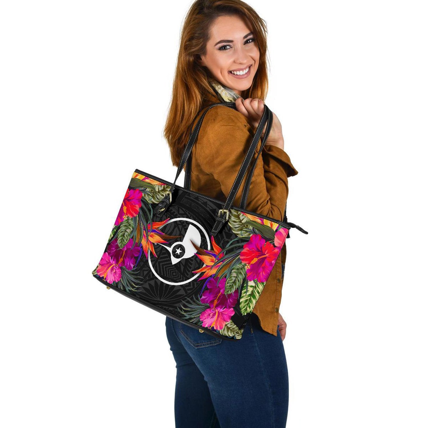 Yap Large Leather Tote - Polynesian Hibiscus Pattern Black - Polynesian Pride